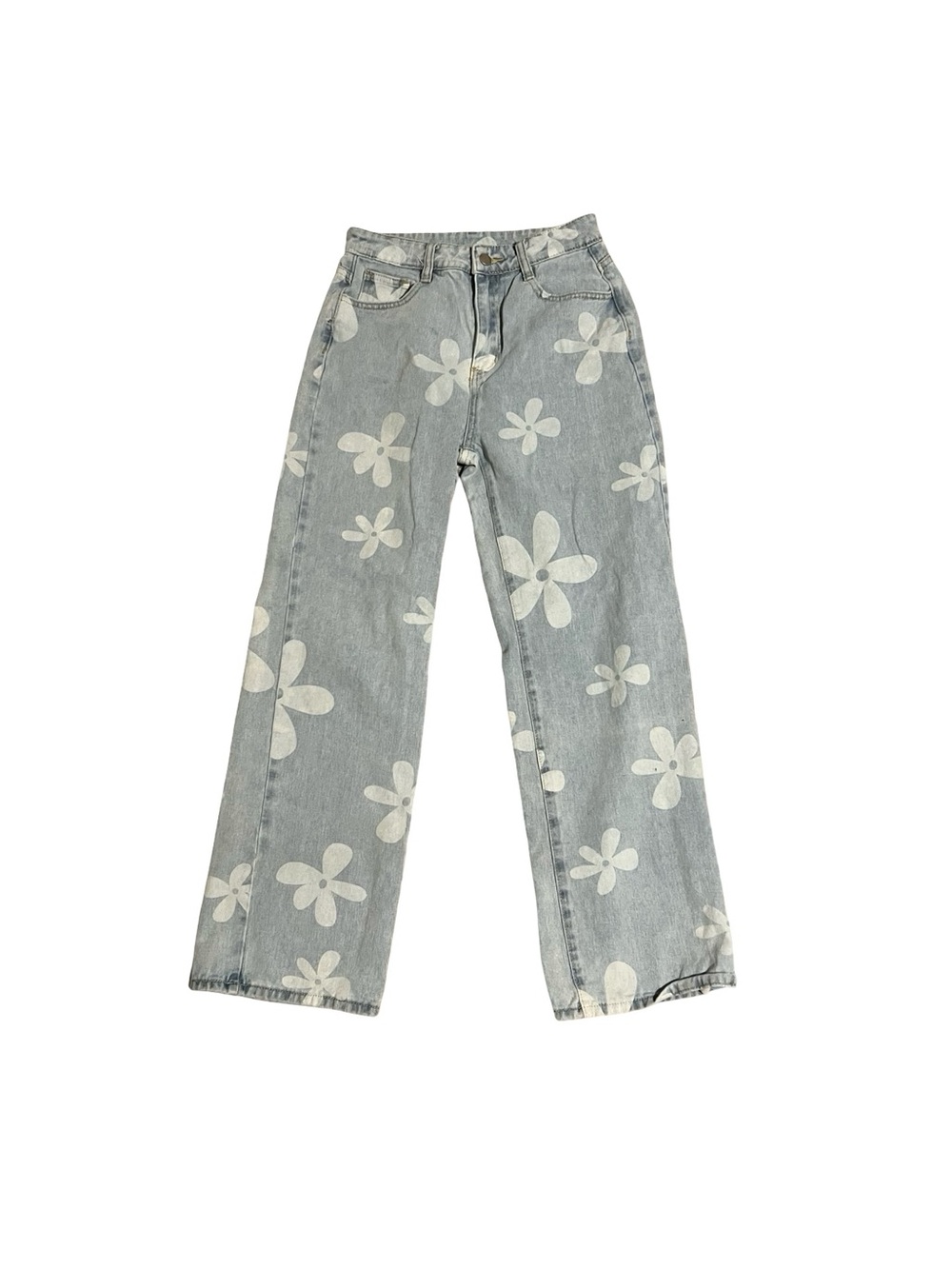 Y2K Daisy Print Wide Leg Jeans Size 4 Light Wash Floral Denim Pants - Picture 2 of 3